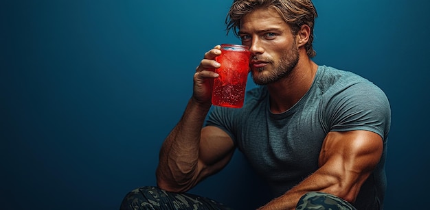 Photo muscular man drinking red beverage