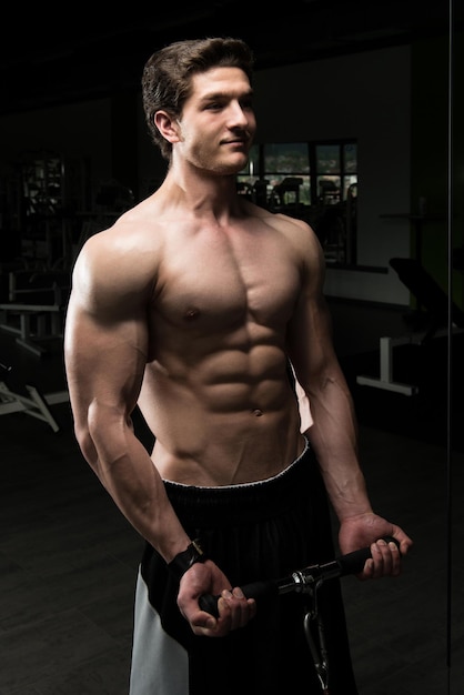 Muscular Man Exercising Biceps On Cable Machine