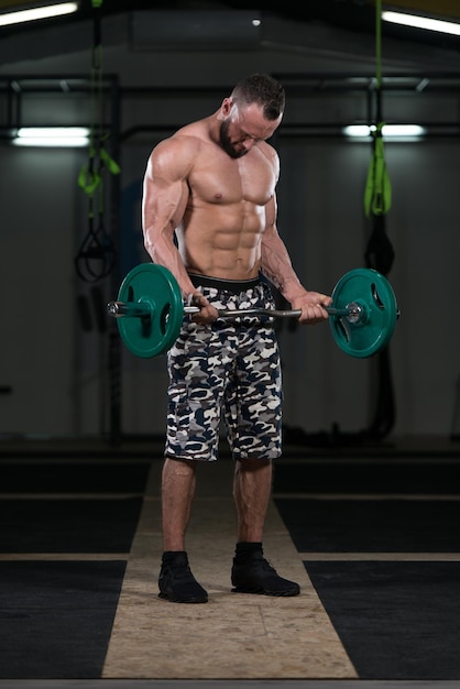 Muscular Man Exercising Biceps With Barbell