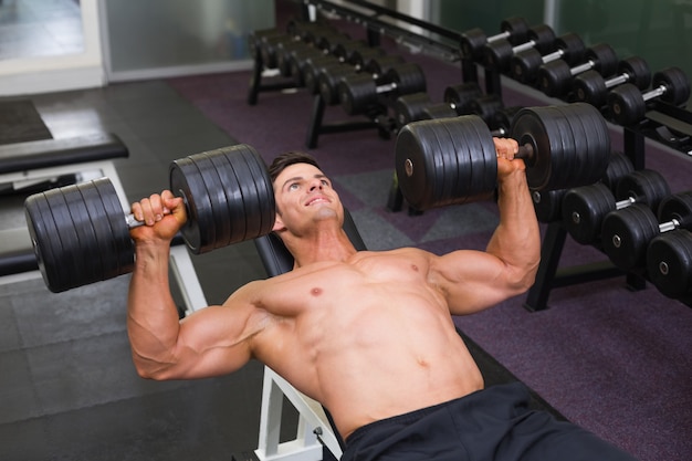 Muscular man exercising with dumbbells in gym