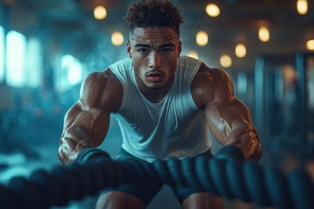 Muscular Man Exercising with Rope in Gym