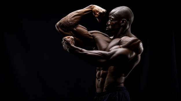 Muscular man flexing bicep in dark studio