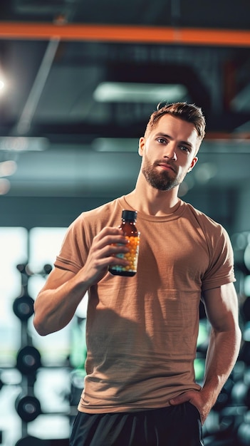 Photo muscular man holding protein bottle