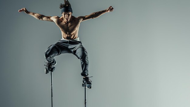 Muscular man jumping on stilts arms outstretched