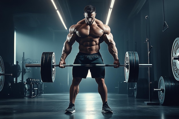 muscular man lifting a barbell in the dark