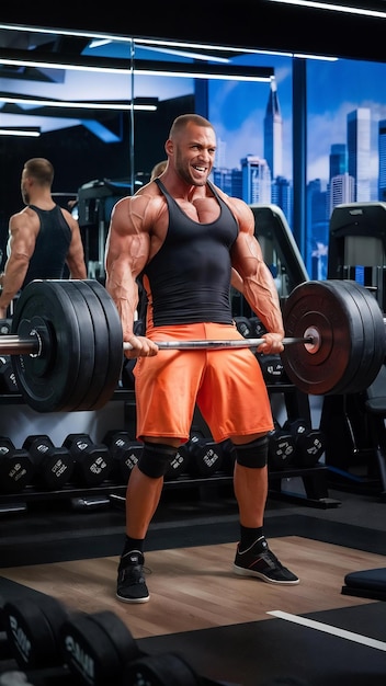 Muscular man lifting a barbell in fitness center