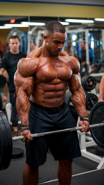 Muscular man lifting a barbell in fitness center