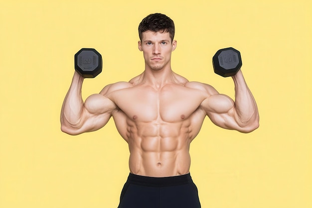 A muscular man lifting dumbbells against a bright yellow background showcasing strength and fitness in a dynamic pose