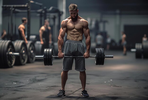 Muscular man lifting weights at a gym showcasing strength and fitness