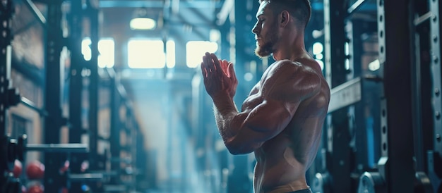 Muscular Man Meditating in a Gym