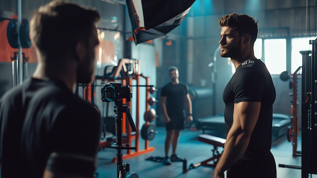 A muscular man poses for a camera in a gym