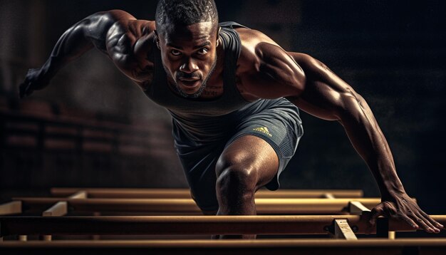 Muscular man practicing plank in dark gym generated by AI