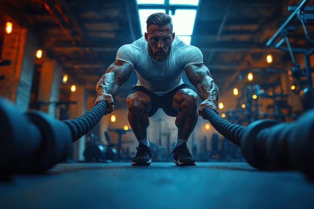 Muscular Man Pulling on a Rope in the Gym