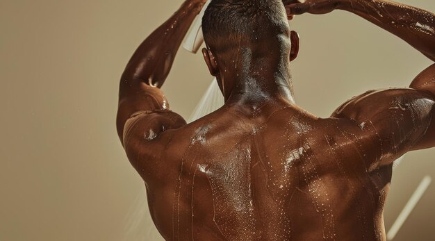 Muscular Man Showering with Beads of Water on Tanned Skin