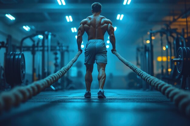 Muscular Man Training with Battle Ropes