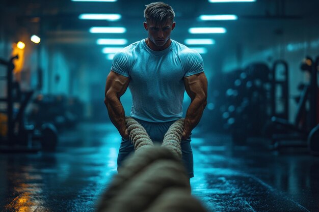 Muscular Man Training with a Rope in Gym