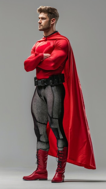 Photo a muscular man wearing a red superhero costume stands with arms crossed ready to fight