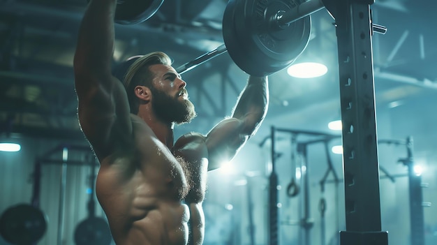 A muscular man with a beard lifts a barbell above his head during a workout