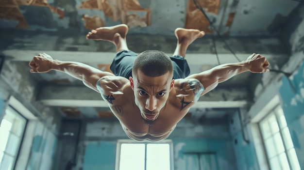 A muscular man with tattoos performs an impressive yoga pose looking intensely at the camera