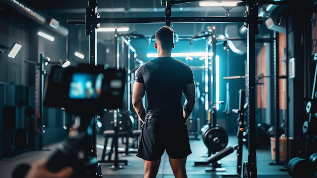 A muscular man with tattoos stands with his back to the camera in a dark gym He is wearing a black tank top and shorts