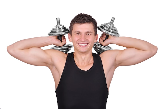 Muscular man with two dumbbells