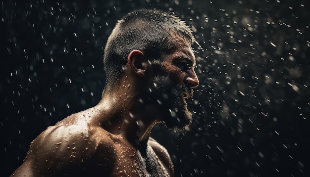 muscular man with water splashing against his face in the dark