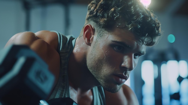 Muscular man working out with weights in a gym