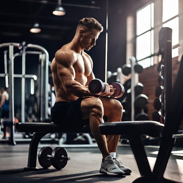 Muscular shirtless athlete lifting dumbbells on a bench in an 8K gym scene