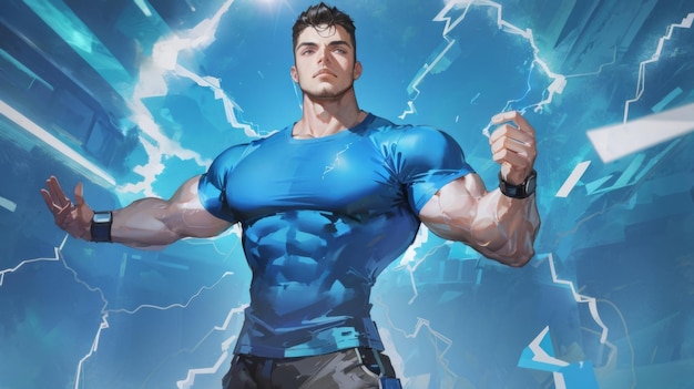 Photo a muscular superherolike figure stands confidently amidst crackling energy