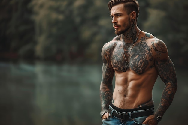 Muscular tattooed man posing by lake in daylight