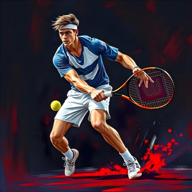 a muscular tennis athlete in action swinging his racket