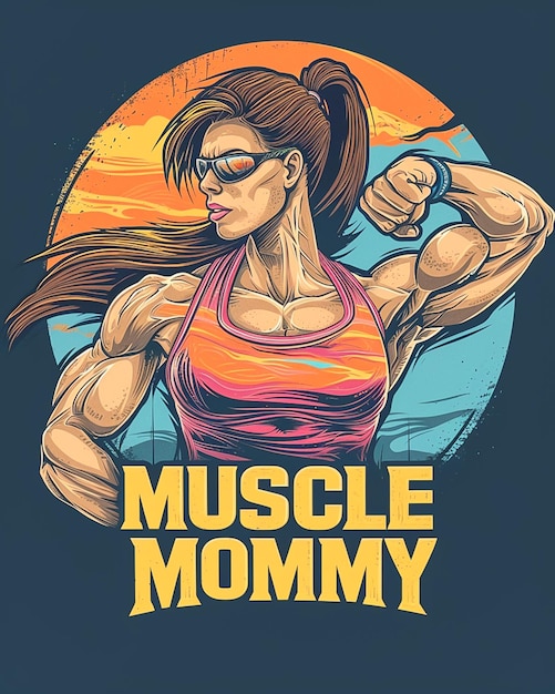 Photo a muscular woman flexing with sunglasses sunset background muscle mommy text