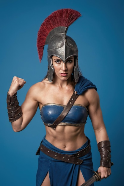 a muscular woman spartan warrior on a blue background