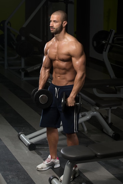 Muscular Young Man Doing Heavy Weight Exercise For Shoulders In Gym