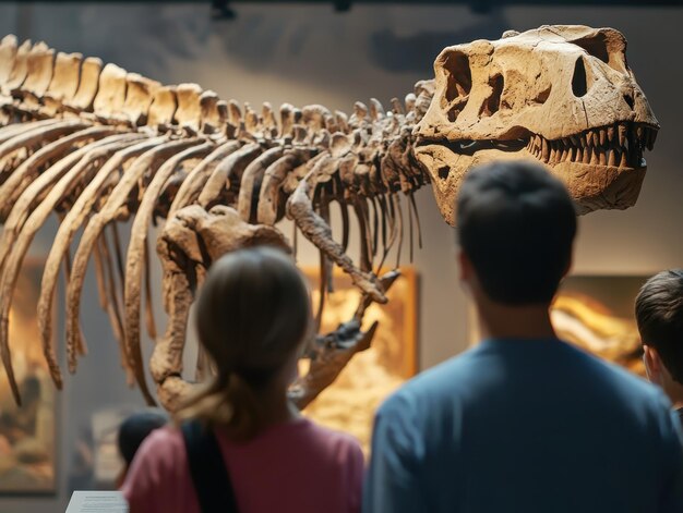 Photo museumgoers marveling at a giant fossilized skeleton on display