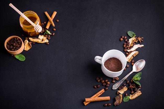 Mushroom chaga coffee and fresh mushrooms and coffee beans