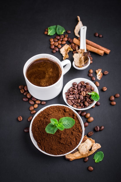 Mushroom chaga coffee and fresh mushrooms and coffee beans