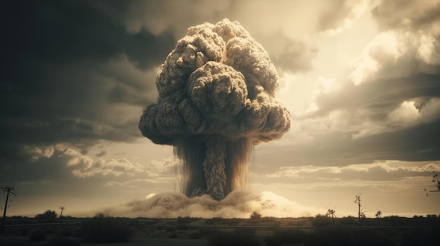 Mushroom cloud after atomic bomb explosion in city The concept of nuclear war AI generated