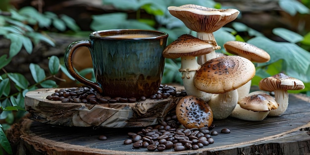 Photo mushroom coffee cup placed on a table with mushrooms and coffee beans in the vicinity concept product photography coffee culture nature elements rustic aesthetic coffee lovers