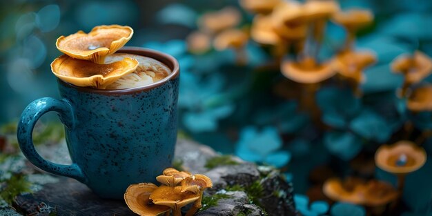 Photo mushroom coffee extracts in a ceramic cup against a fantasy background concept fantasy setting mushroom coffee ceramic cup barista lifestyle ethereal photography