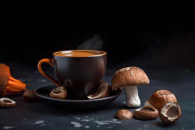 Mushroom coffee healthy warm drink generative AI illustration