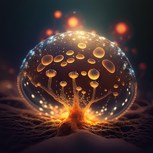 Mushroom computer generate graphic psychedelic fungus Fungi with magic glowing spores cartoon psilocybe on blurred bokeh background ai generated illustration