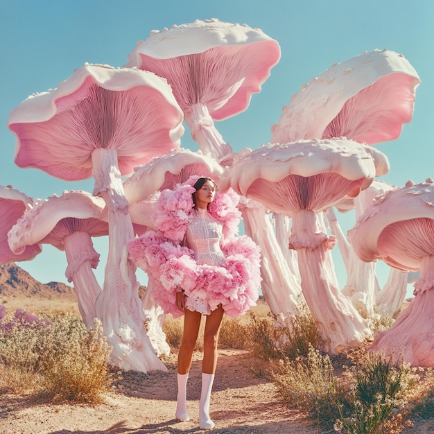 Mushroom Couture Surreal Fashion in a Pastel Desert Dream