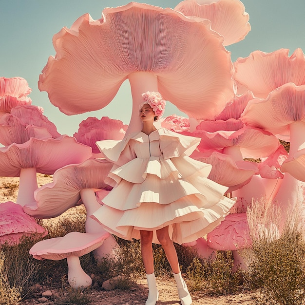 Mushroom Couture Surreal Fashion in a Pastel Desert Dream