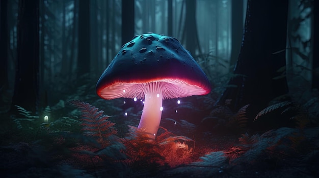 A mushroom in the dark with a glowing light on it