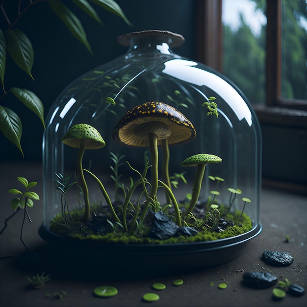 A mushroom dome is under a glass dome with moss and rocks.