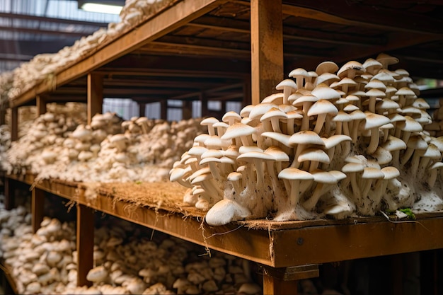 Photo mushroom farm healthy and natural selection of champignons grown with mycelium industry for