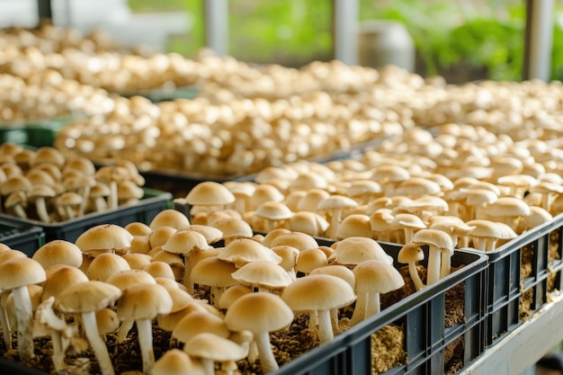 Photo mushroom farm industry mycelium selection for healthy champignon food