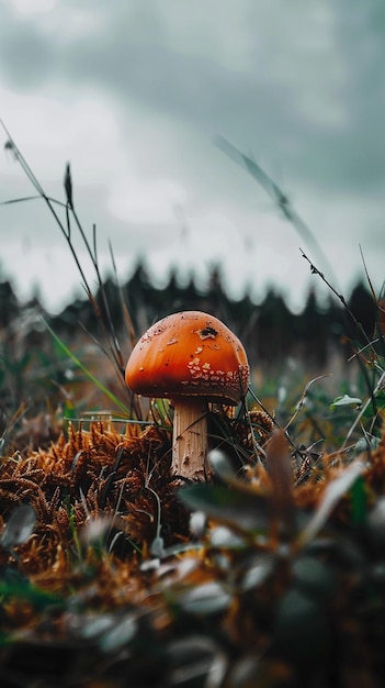 Photo a mushroom in a field at daytime with a blurry background