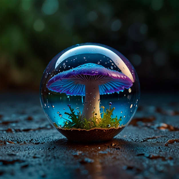 Photo a mushroom floating in a bubble with the water on it